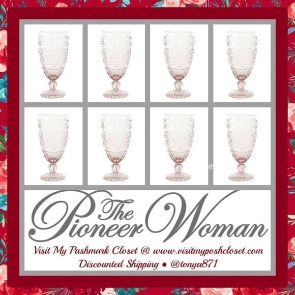 🦋 New Pioneer Woman Amelia 14.7-Ounce Footed Glass Goblets, Set of 8, Rose Red - Picture 3 of 7